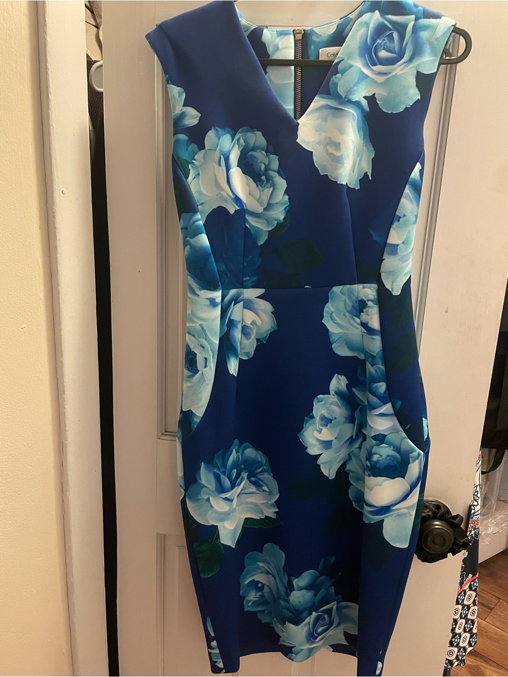 Calvin Klein Navy Blue Floral Midi Sheath Dress